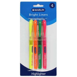 Marlin Bright Liners Pen Type Highlighters - Blister Pack of 4