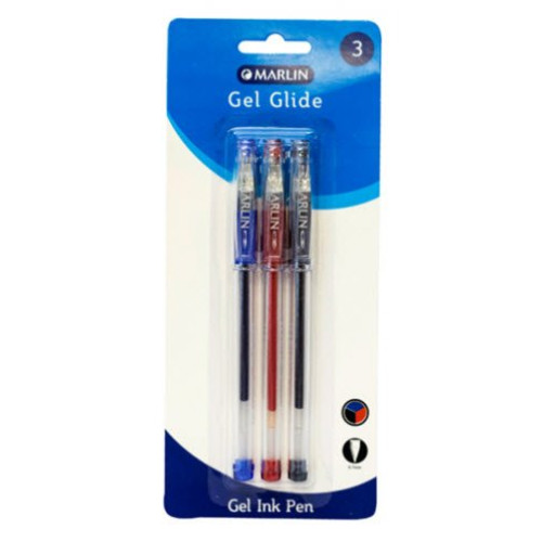 Marlin Gel Glide Gel Ink Pens 3's Assorted (Blue, Black, Red), Retail Packaging