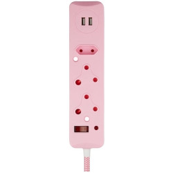 Switched 3 way Surge protected Multiplug with Dual 2.4A USB Ports - 0.5m - Braided cord Pink