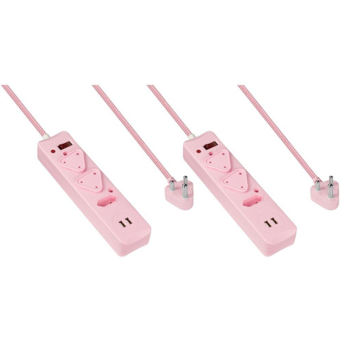 Switched 2x 3 way Surge protected Multiplug with Dual 2.4A USB Ports - Pink