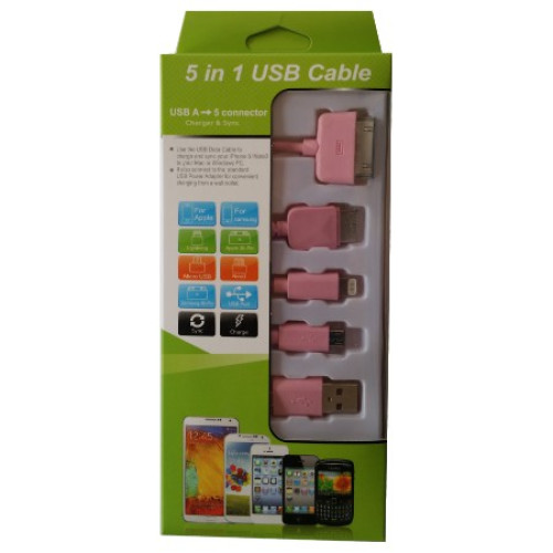 Microworld USB Mobile Data Cable 5 in 1 Charger and sync Pink